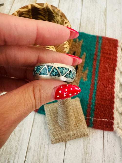 Old Pawn Navajo Sterling Silver & Turquoise Chip Inlay Band Ring