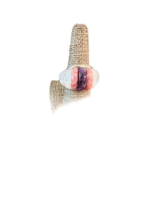 Old Pawn Navajo Sterling Silver & Multi Stone Inlay Ring Size 9