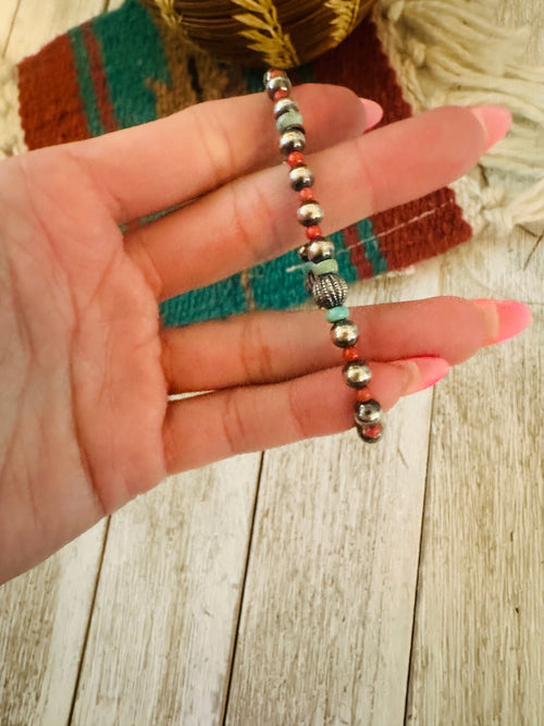 ** Christmas Collection ** Handmade Sterling Silver, Turquoise & Coral Beaded Bracelet