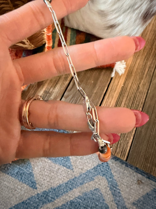 Handcrafted Orange Spiny Oyster, Turquoise & Sterling Silver Beaded Jacla Necklace