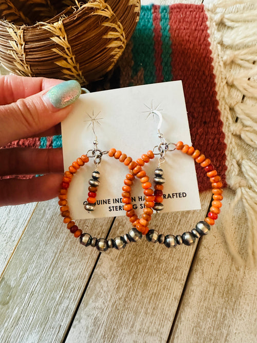 Navajo Orange Spiny & Sterling Silver Pearl Beaded Hoop Earrings