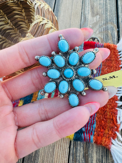 Old Pawn Handcrafted Turquoise and Sterling Silver Cluster Brooch