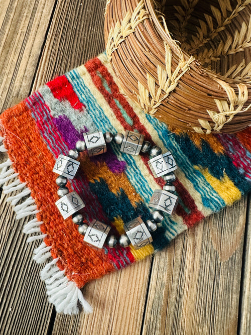 Handcrafted Hand Stamped Sterling Silver Pearl Beaded Stretch Bracelet