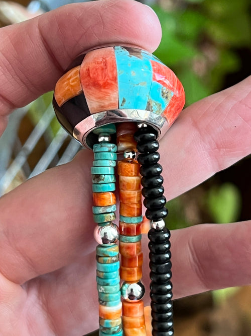 Daniel Coriz Triple Strand Spiny Oyster, Onyx and Turquoise Beaded Necklace w/ Removable Sterling Silver & Stone Inlay Bead