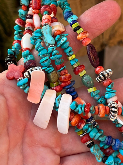 Gorgeous Santo Domingo Made Six Strand Turquoise and Spiny Oyster Beaded Squaw Wrap Necklace, Blue