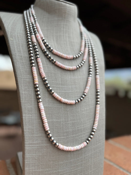 Handcrafted Sterling Silver Pearl & Queen Pink Conch Beaded Necklace 6mm