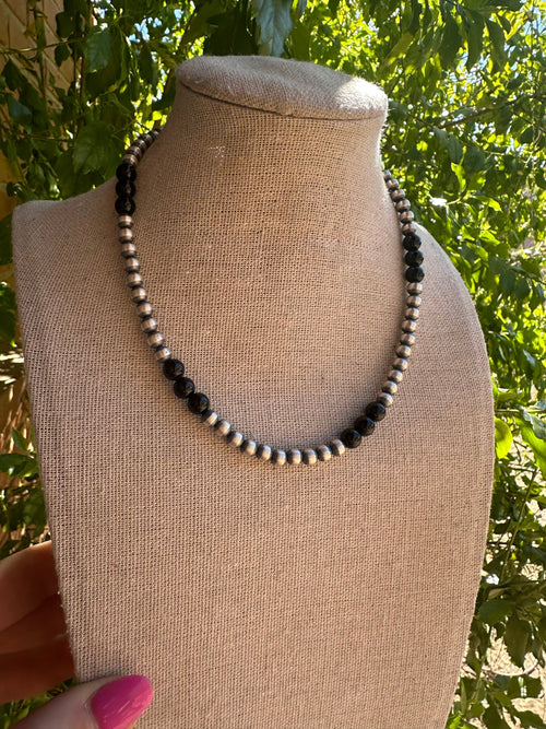 Navajo Pearl Sterling Silver & Black Onyx Beaded Necklace