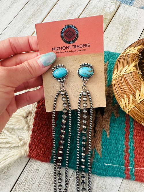 Handcrafted Turquoise & Sterling Silver Pearl Beaded Blossom Dangle Earrings