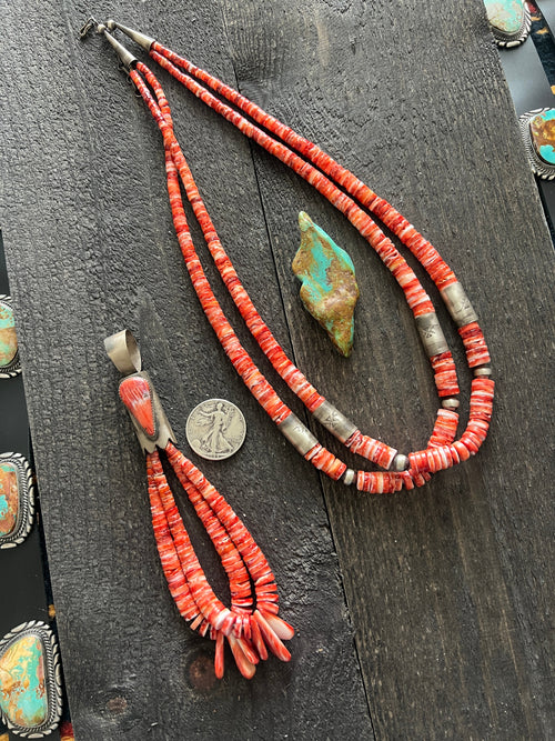 Santo Domingo (Kewa) Sterling Silver and Red Spiny Oyster Shell Jacla Bead Necklace by Daniel Coriz