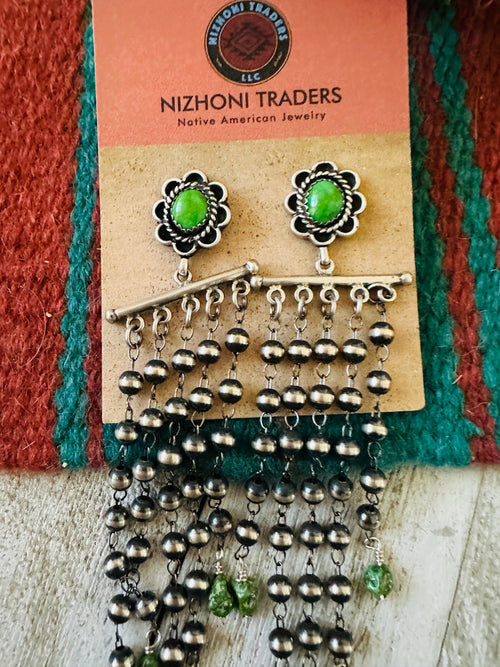 Handcrafted Green Turquoise & Sterling Silver Pearl Beaded Tassel Dangle Earrings