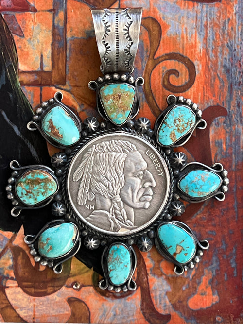 Rosella Paxson Natural Royston Turquoise and Fine Silver Indian Head Bullion Cluster Pendant