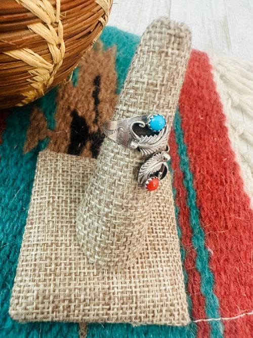 Old Pawn Navajo Sterling Silver, Turquoise & Coral Adjustable Ring