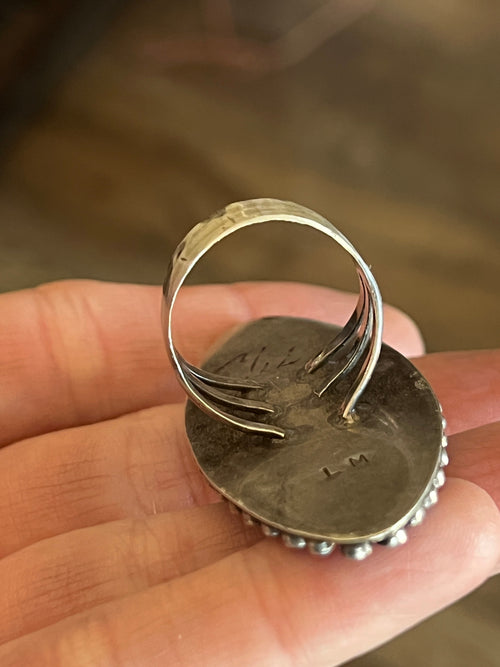 Old Pawn Sterling Silver and Turquoise Shadowbox Ring Signed LM