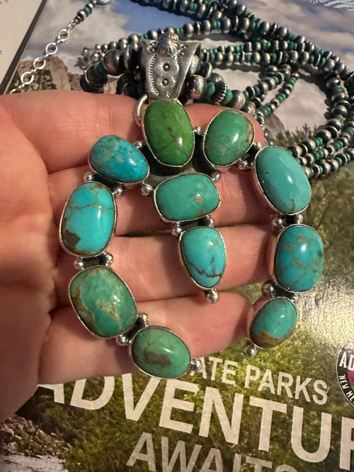 Handmade Sterling Silver Kingman Turquoise Beaded Naja Necklace Set By Dan Dodson