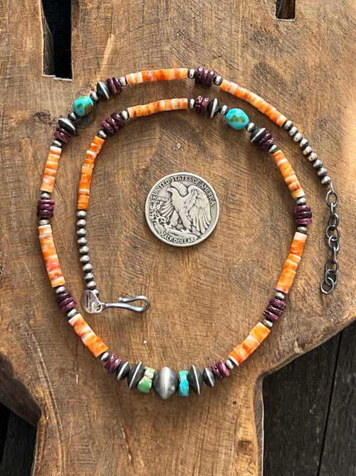 Navajo Made Electric Rainbow Sterling Silver, Turquoise and Spiny Oyster Single Strand Beaded Necklace by Rose Martin, 22 + 2 Inches