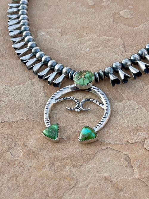 Beautiful Handmade Sterling Silver & Sonoran Mountain Turquoise Squash Blossom Necklace