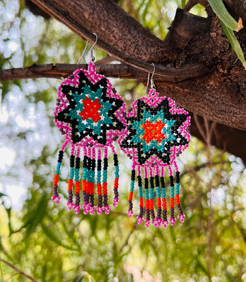 Handmade MultiColor Beaded Dangle Earrings (Purple, Turquoise, Orange)