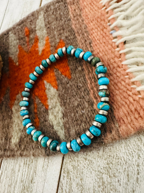 Navajo Turquoise & Sterling Silver Pearl Beaded Stretch Bracelet
