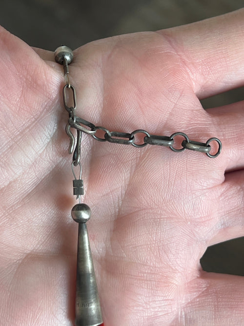 Santo Domingo (Kewa) Sterling Silver and Red Spiny Oyster Shell Jacla Bead Necklace by Daniel Coriz