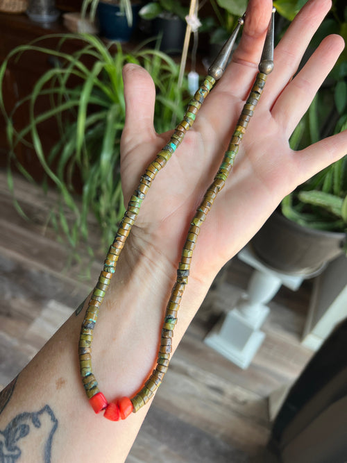 Navajo Hubei Turquoise Beaded Necklace with Sterling Silver and Bamboo Coral by Kirby Smith: 13 To Choose From!