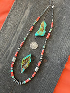 Navajo Electric Rainbow Sterling Silver, Turquoise and Spiny Oyster Single Strand Beaded Necklace by Rose Martin, 26 + 2 Inches