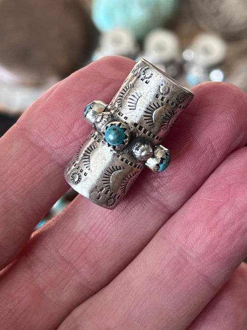 Handmade Stamped Sterling Silver & Turquoise Cylinder Beads, The Beacon