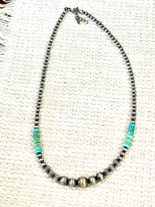 Handmade Sterling Silver with Kingman Turquoise Beaded Necklace with Signed Nizhoni 18” w/ extender