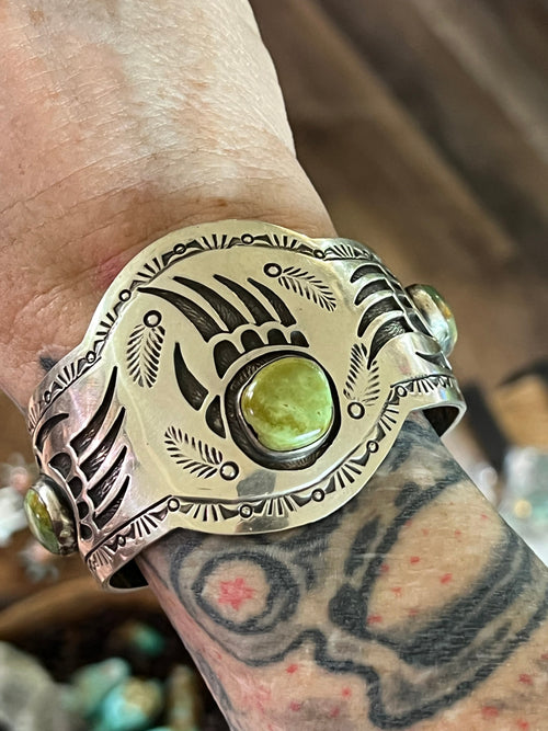 Handcrafted Old Pawn Sterling Silver and Royston Turquoise Overlay Bear Paw Cuff Bracelet by Charlie Bowie /
