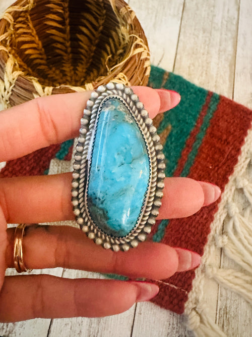 Old Pawn Navajo Sterling Silver & Turquoise Ring Size 10 by Leslie Nez