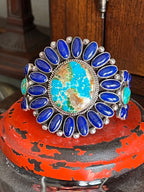 Sterling Silver, Sonoran Mountain Turquoise and Lapis Lazuli Cluster Cuff Bracelet by Tyler Brown /