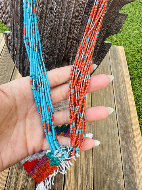 Old Pawn Handcrafted Turquoise, Coral & Sterling Silver Beaded 36” Necklace