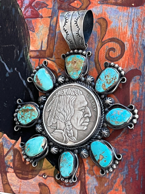 Rosella Paxson Natural Royston Turquoise and Fine Silver Indian Head Bullion Cluster Pendant