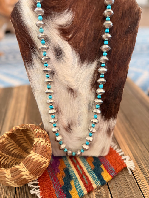 Handcrafted Turquoise & Sterling Silver Liberty Dime Beaded Necklace by James McCabe