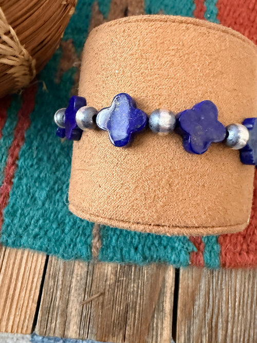 Handcrafted Lapis & Sterling Silver Pearl Cross Beaded Stretch Bracelet