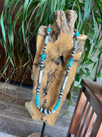 Navajo Sterling Silver and Kingman Turquoise Handmade Beaded Necklace by Rose Martin, 34 Inches