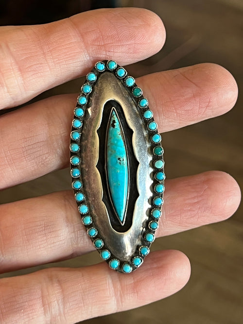 Old Pawn Sterling Silver and Turquoise Shadowbox Ring Signed LM