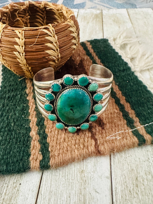 Handcrafted Old Pawn Turquoise & Sterling Silver Cluster Cuff Bracelet