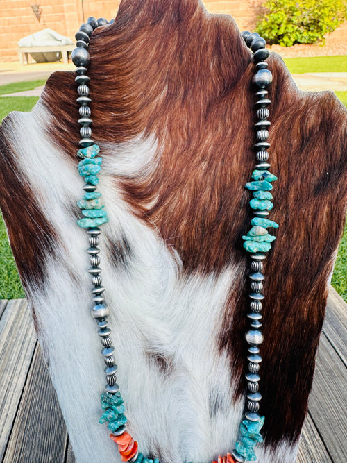 Handcrafted Turquoise, Spiny & Sterling Silver 24” Beaded Necklace by Chimney Butte