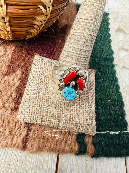 Old Pawn Handcrafted Turquoise, Coral & Sterling Silver Ring Size 12