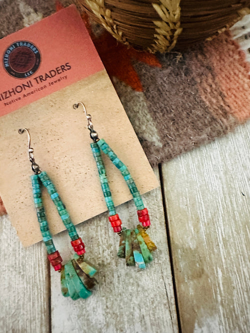 Navajo Turquoise, Coral & Sterling Silver Beaded Hoop Earrings