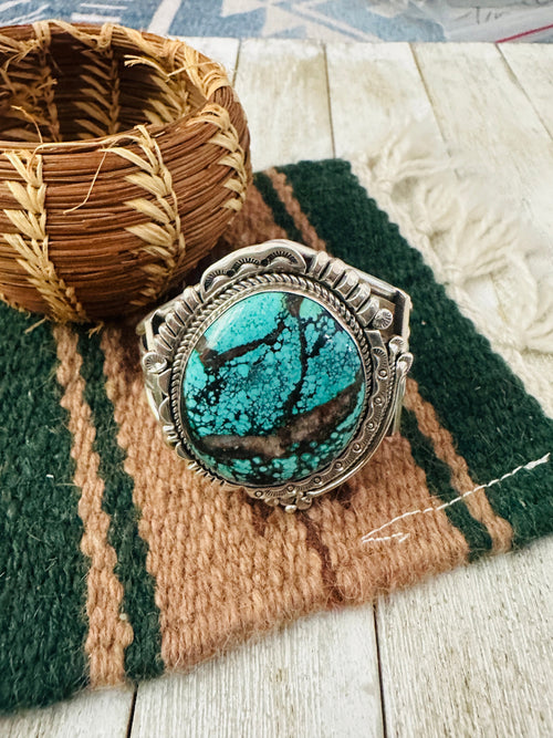 Handcrafted Old Pawn Tibetan Turquoise & Sterling Silver Cuff Bracelet