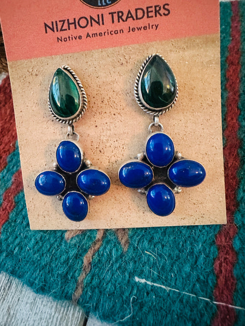 Old Pawn Navajo Sterling Silver, Lapis & Malachite Dangle Earrings