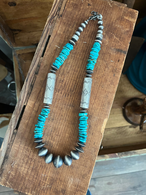 Handcrafted Sterling Silver and Kingman Turquoise Handmade Beaded Necklace by Rose Martin, 24 + 1-1/2 inches