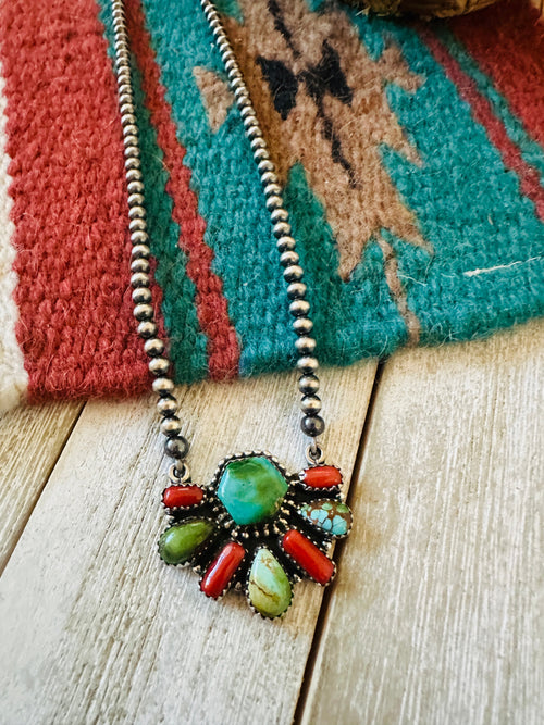 ** Christmas Collection ** Handmade Sterling Silver, Turquoise & Coral Necklace Signed Nizhoni