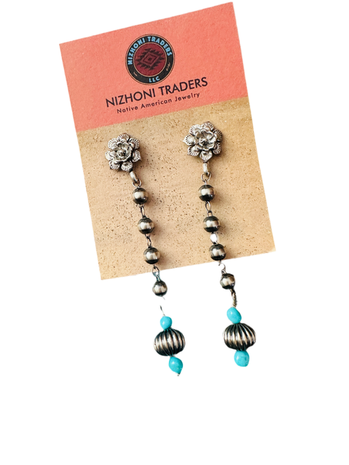 Navajo Turquoise & Sterling Silver Beaded Flower Dangle Earrings