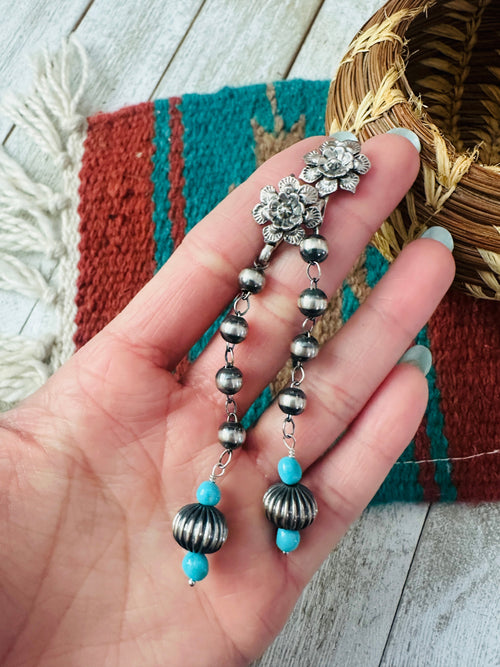 Navajo Turquoise & Sterling Silver Beaded Flower Dangle Earrings