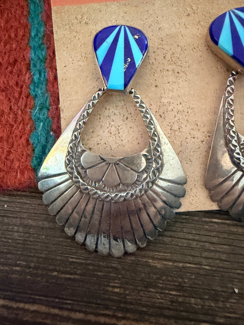 Handcrafted Old Pawn Turquoise, Lapis & Sterling Silver Inlay Concho Dangle Earrings