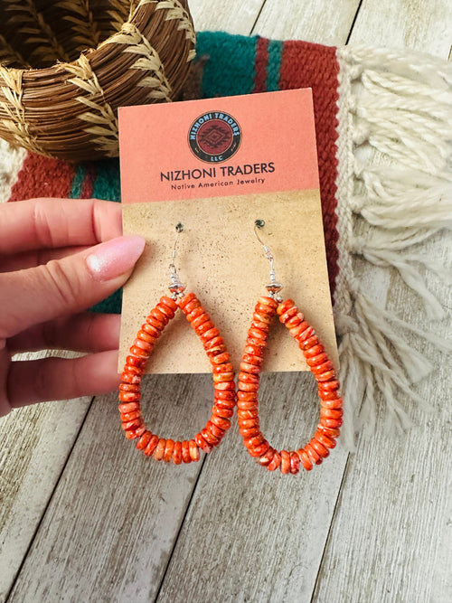 Handcrafted Orange Spiny & Sterling Silver Beaded Dangle Hoop Earrings