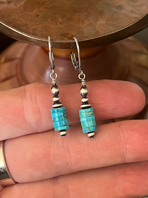Navajo Made Sterling Silver Petite Summer Lovin’ Sonoran Turquoise Beaded Drop Earrings, Leverback