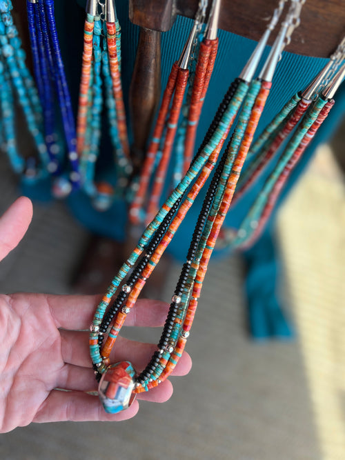 Daniel Coriz Triple Strand Spiny Oyster, Onyx and Turquoise Beaded Necklace w/ Removable Sterling Silver & Stone Inlay Bead
